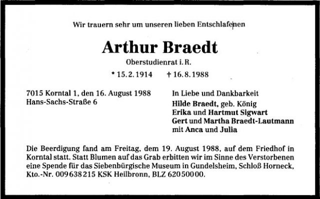 Braedt Artur 1914-1988 Todesanzeige